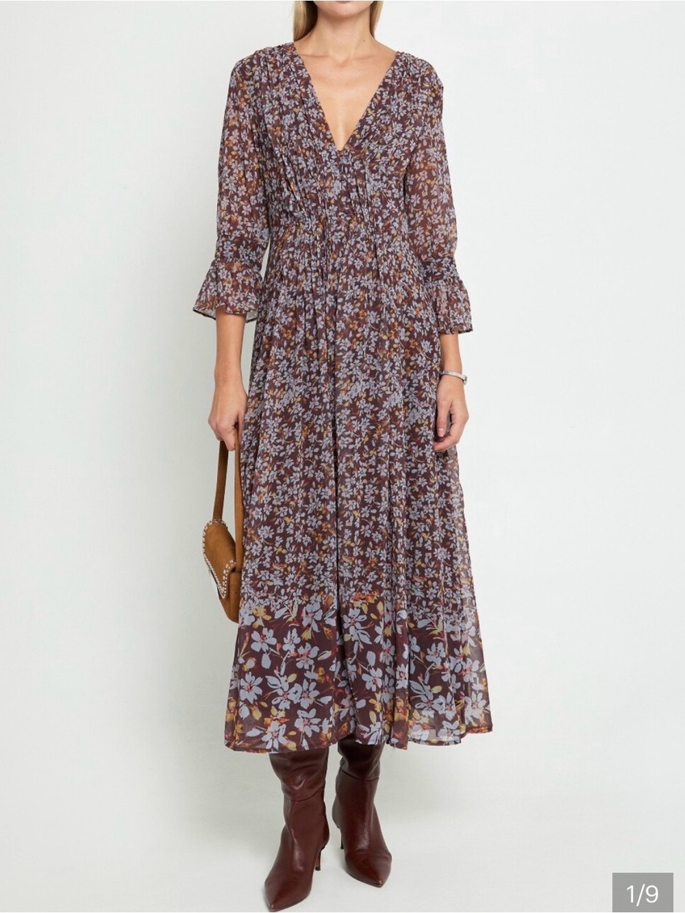 Few Moda New York Miller Maxi Maxi Dress Size L Brown Floral Smocked Classic